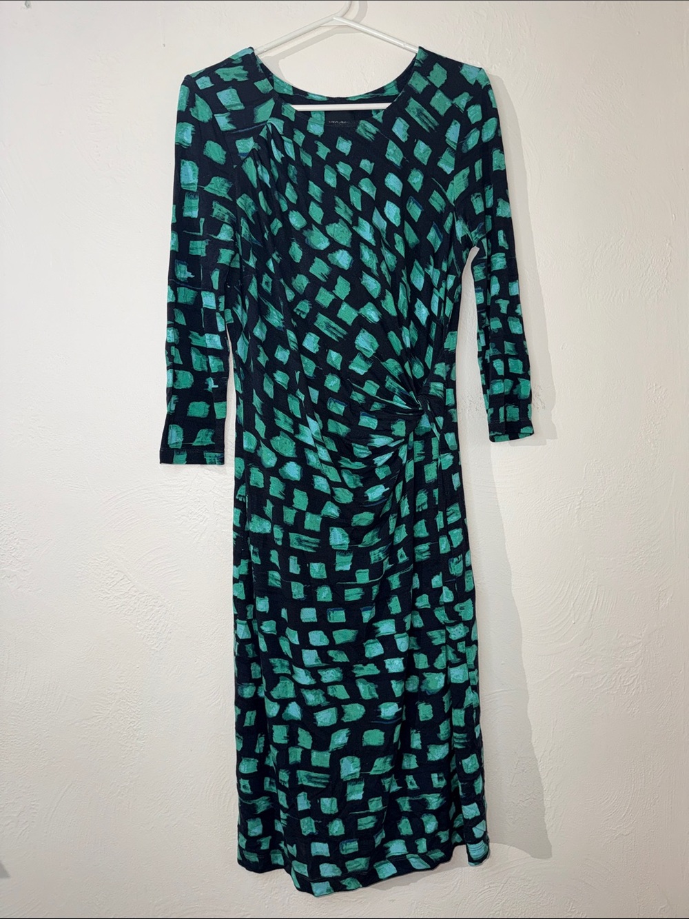 NIC+ZOE Abstract Print Ruched Midi Maxi Dress Navy Green Size S
